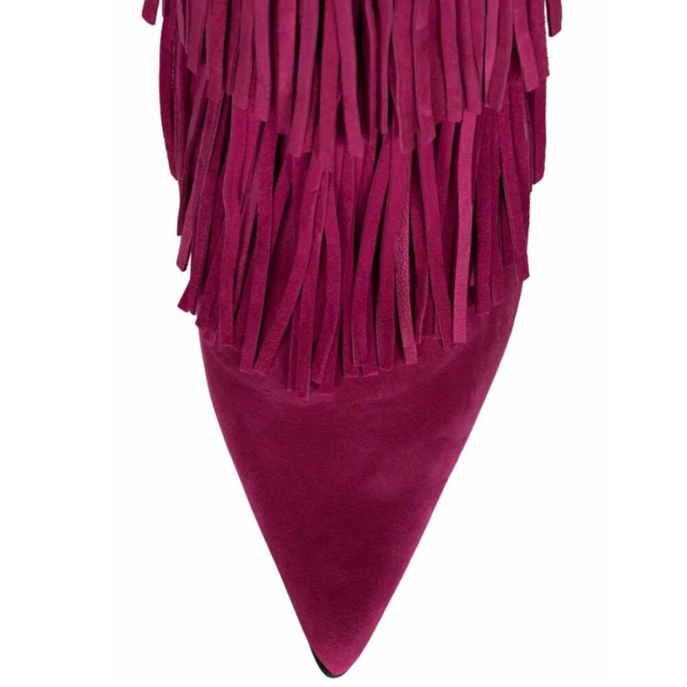 💋OBSESSED!💋 Genuine Leather Wildhorse Fringe Stiletto Boots in Fuchsia - Picture 6 of 13